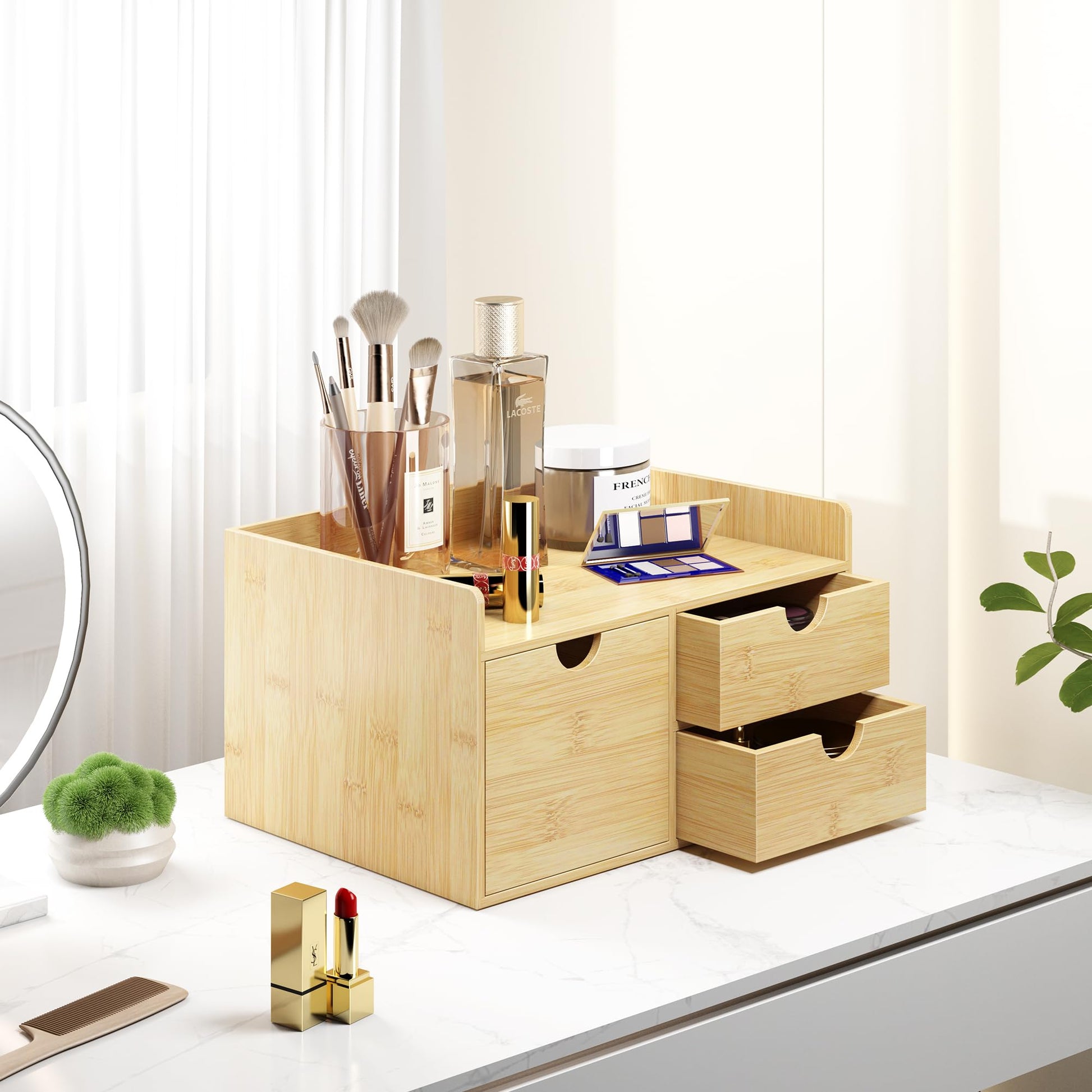 Bamboo Desk Organizer with Drawers, Desktop Storage for Office Supplies