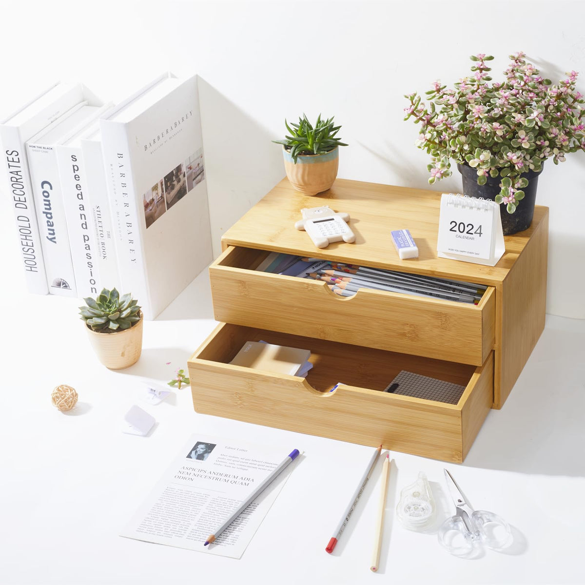 Charmewooden Bamboo Desk Organizer with Drawers, Countertop Organizer with Drawers Makeup Storage