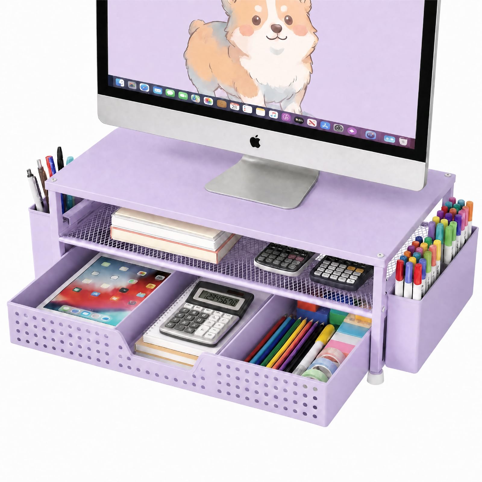 ECOLOVI Desk Organizer and Accessories, 2-Tier Computer Monitor Stand Rise with Storage Drawer & 2
