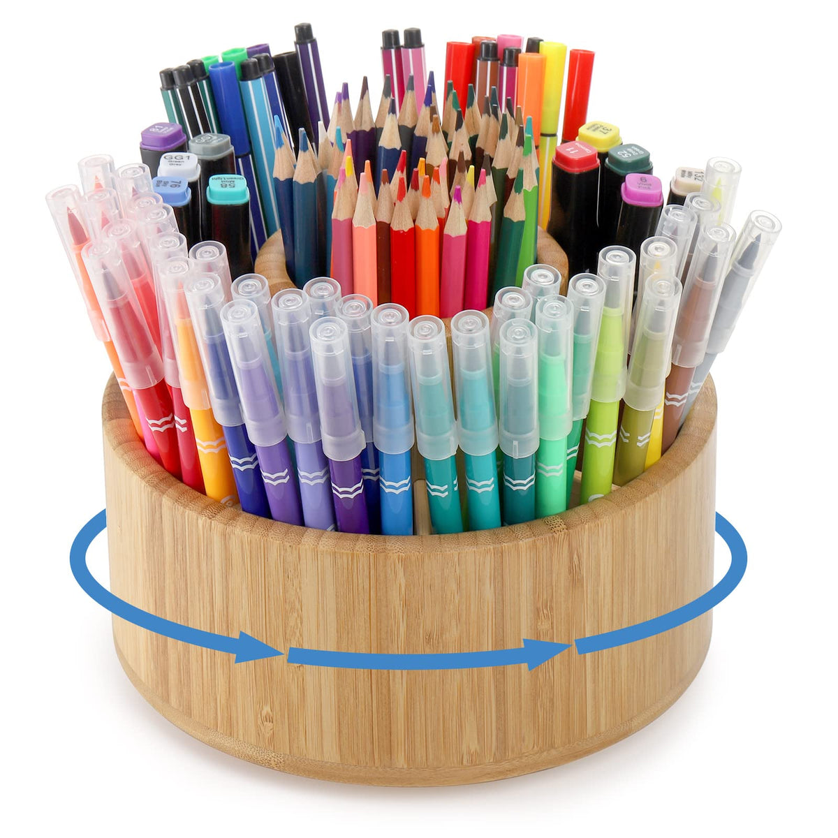 SOUJOY Bamboo Pen Holder Organizer, 360°Rotating Art Supply Organizer with 11 Compartments, Color