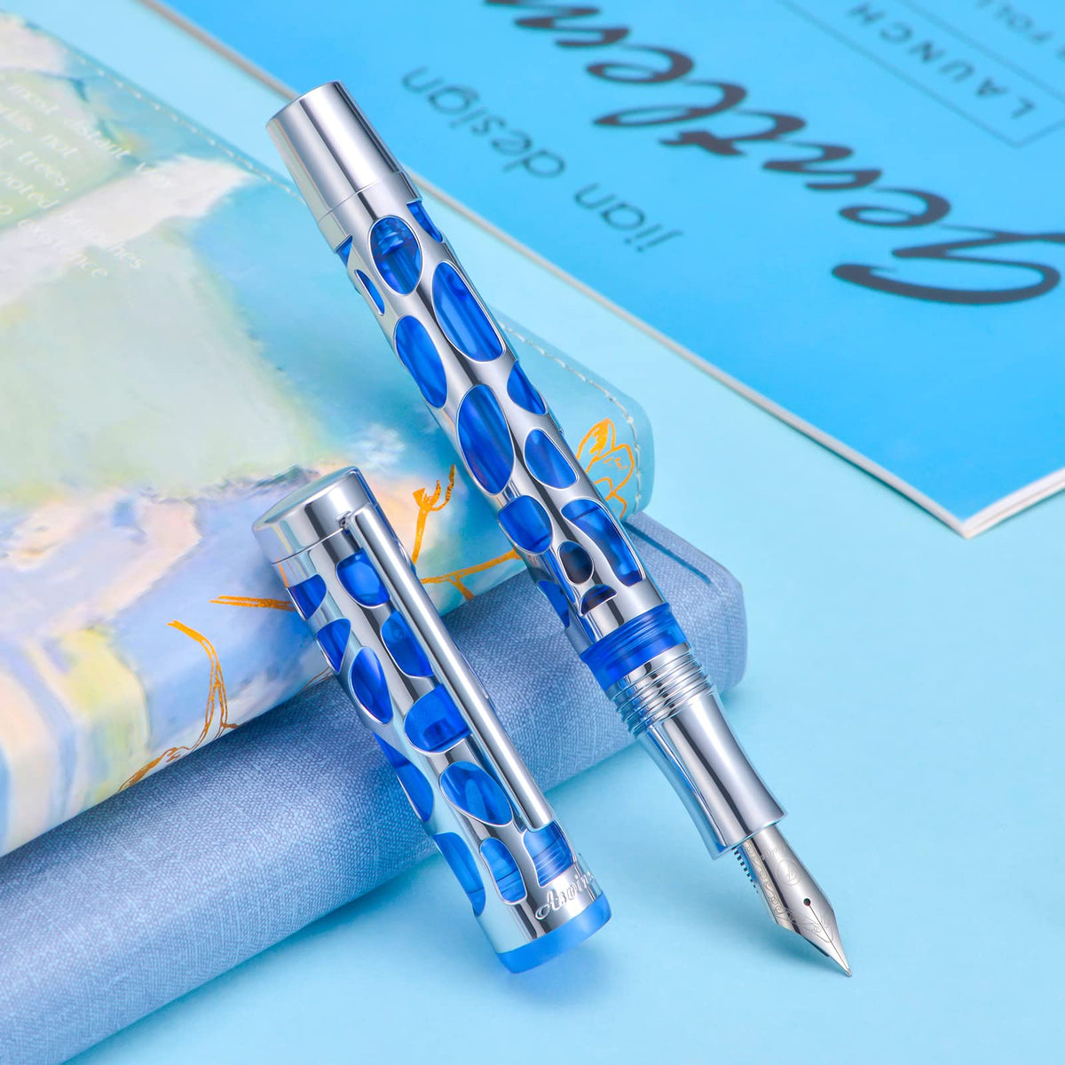Asvine V169 Vacuum Filling Fountain Pen Medium Nib, Water Drop Skeleton Transparent Blue Acrylic
