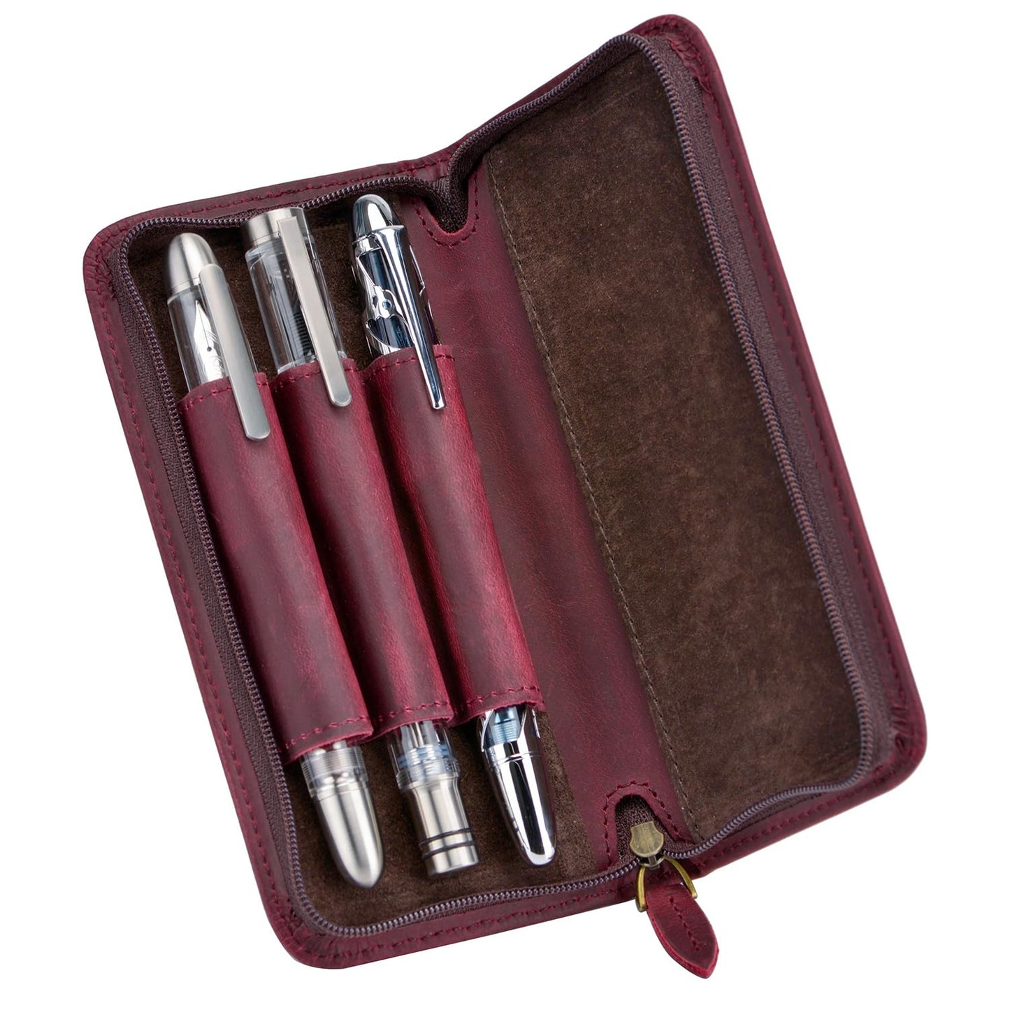 Asvine Fountain Pen Case 3 Divided Slots Crazy Horse Leather Pen Holder, Handmade Display Zippered