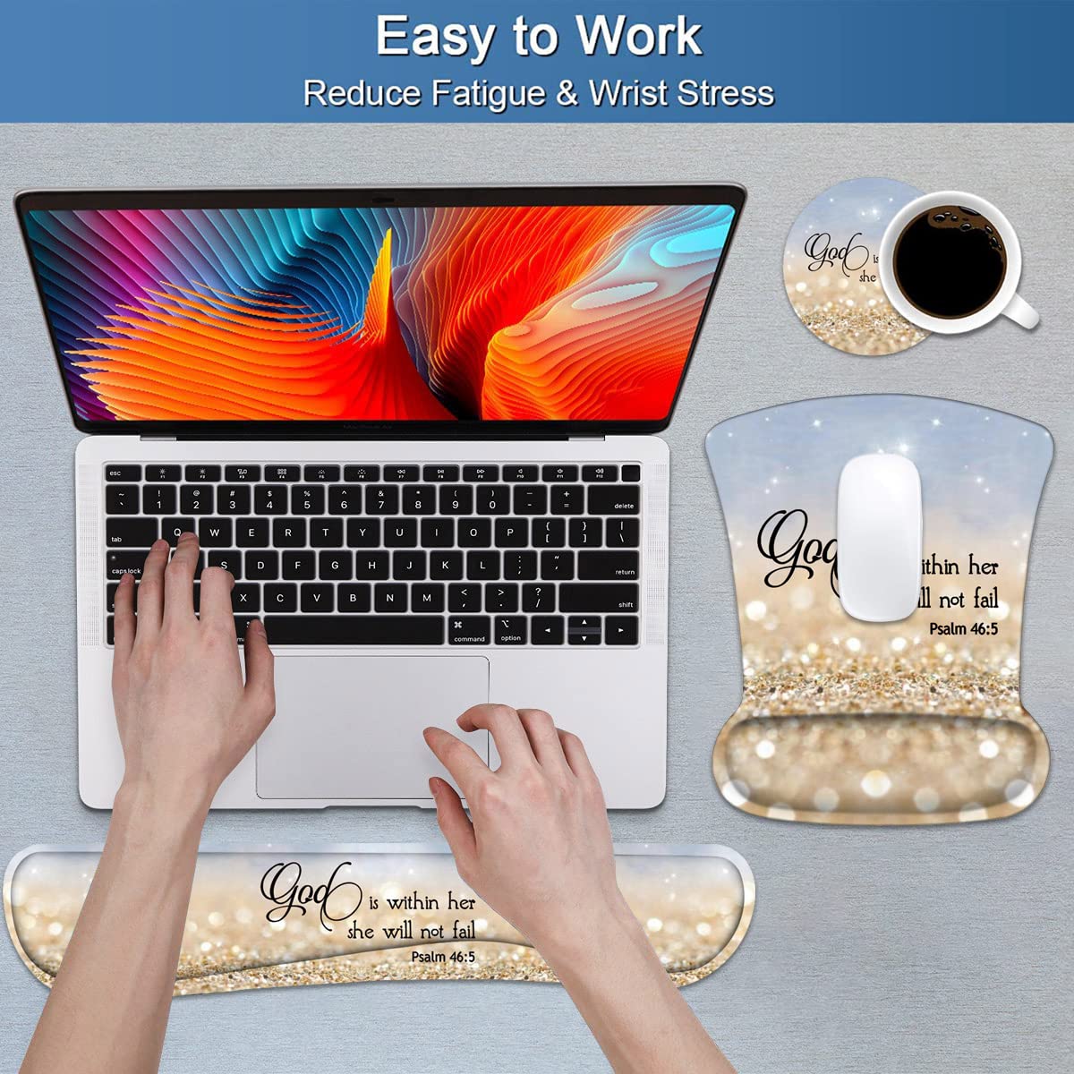 Keyboard Wrist Rest and Mouse Pad Wrist Support Set with Cute Coasters, Non-Slip PU Base Ergonomic