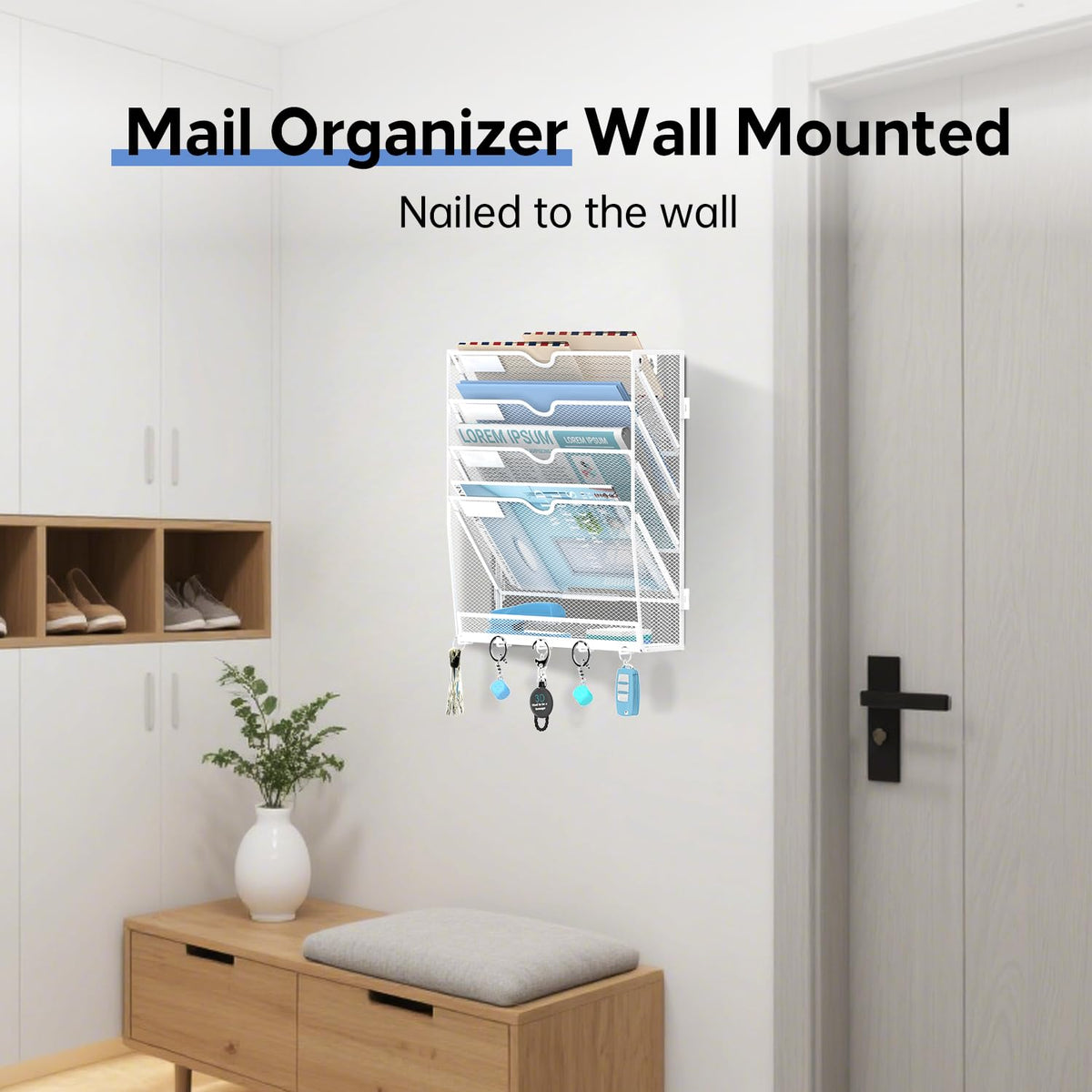 JMHUD 5-Tier Wall File Organizer and Mail Organizer with 5 Hooks, White