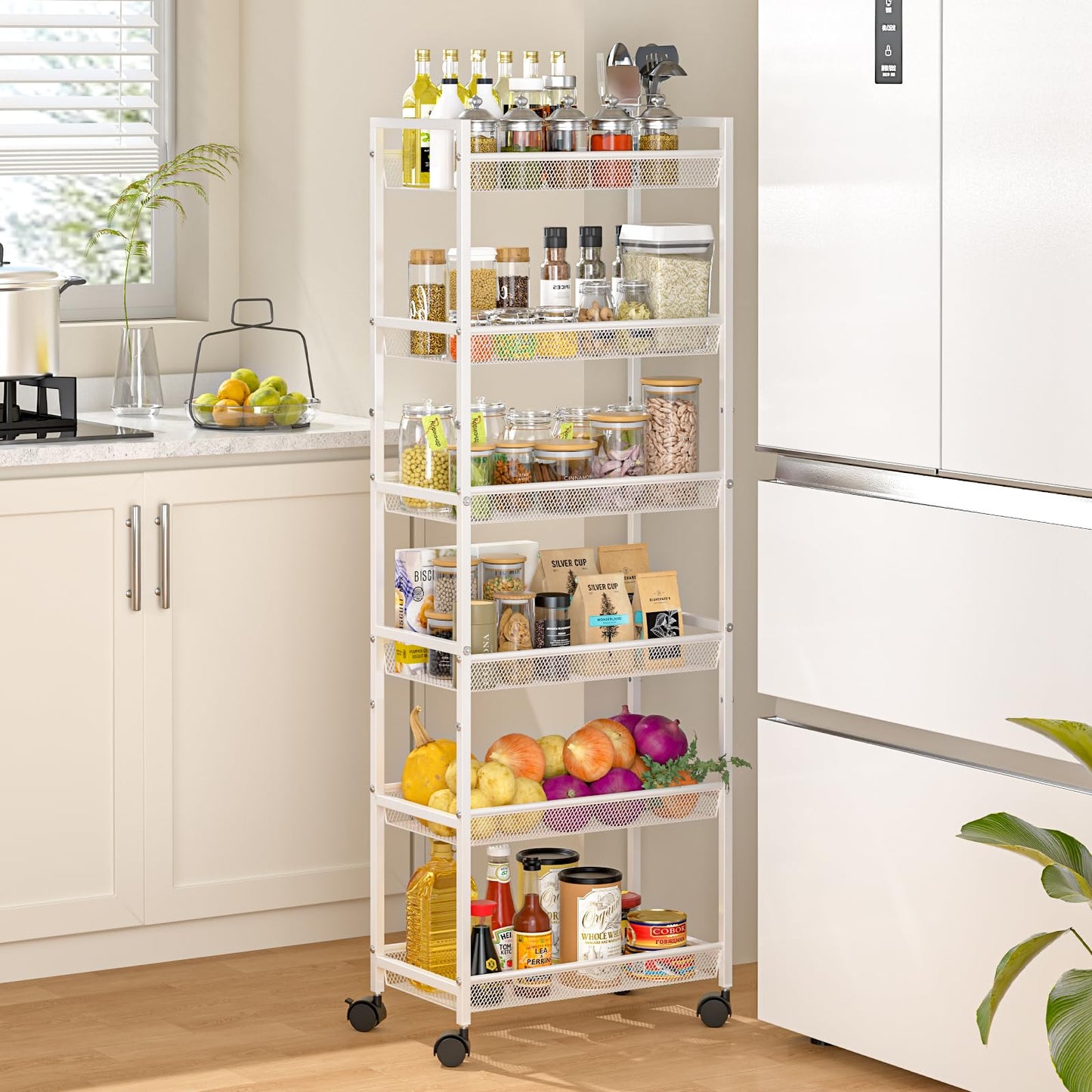6 Tier Slim Rolling Storage Cart, Narrow Mobile Shelving Unit Organizer Utility Cart with Wheels