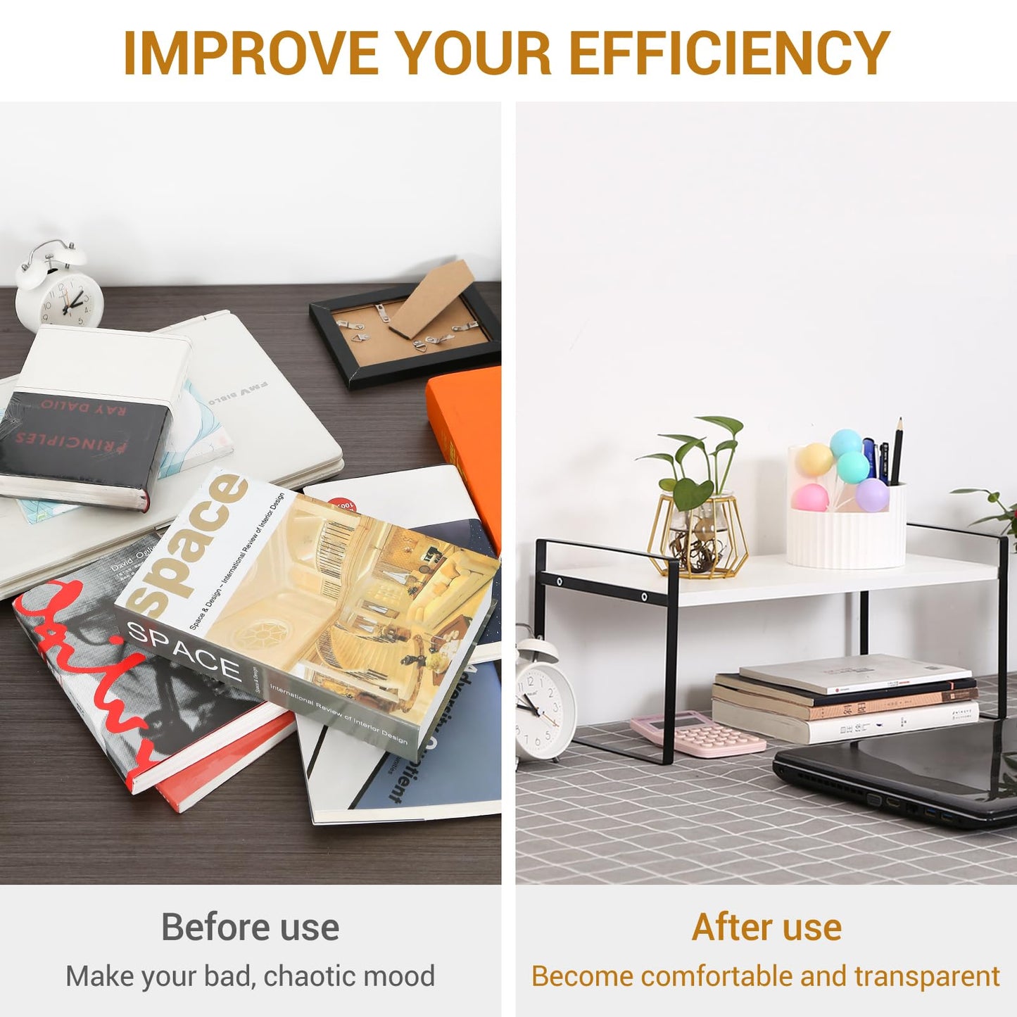 YGYQZ Desk Shelf Organizer for Top of Desk, 1-Tier Desktop Bookshelf, Black & White