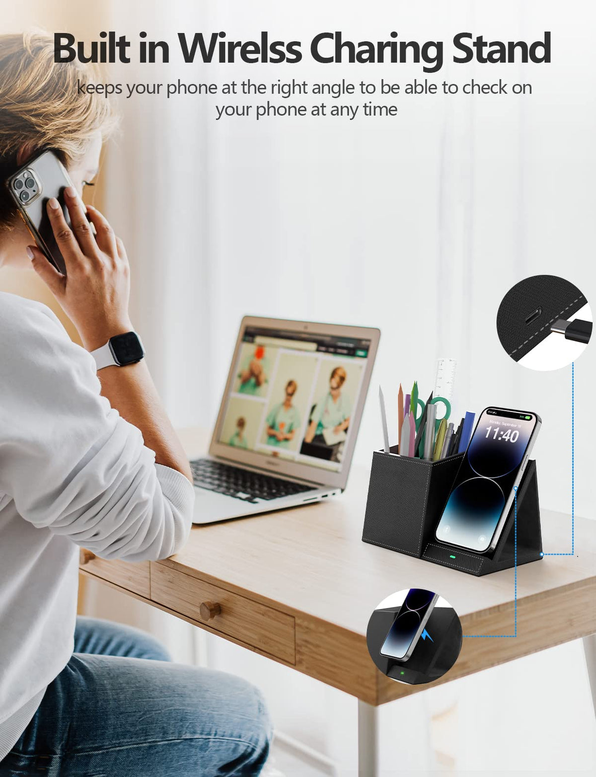 Desk Supplies Organizer, Multi-Functional Pencil Pen Holder with Wireless Charger, Desktop
