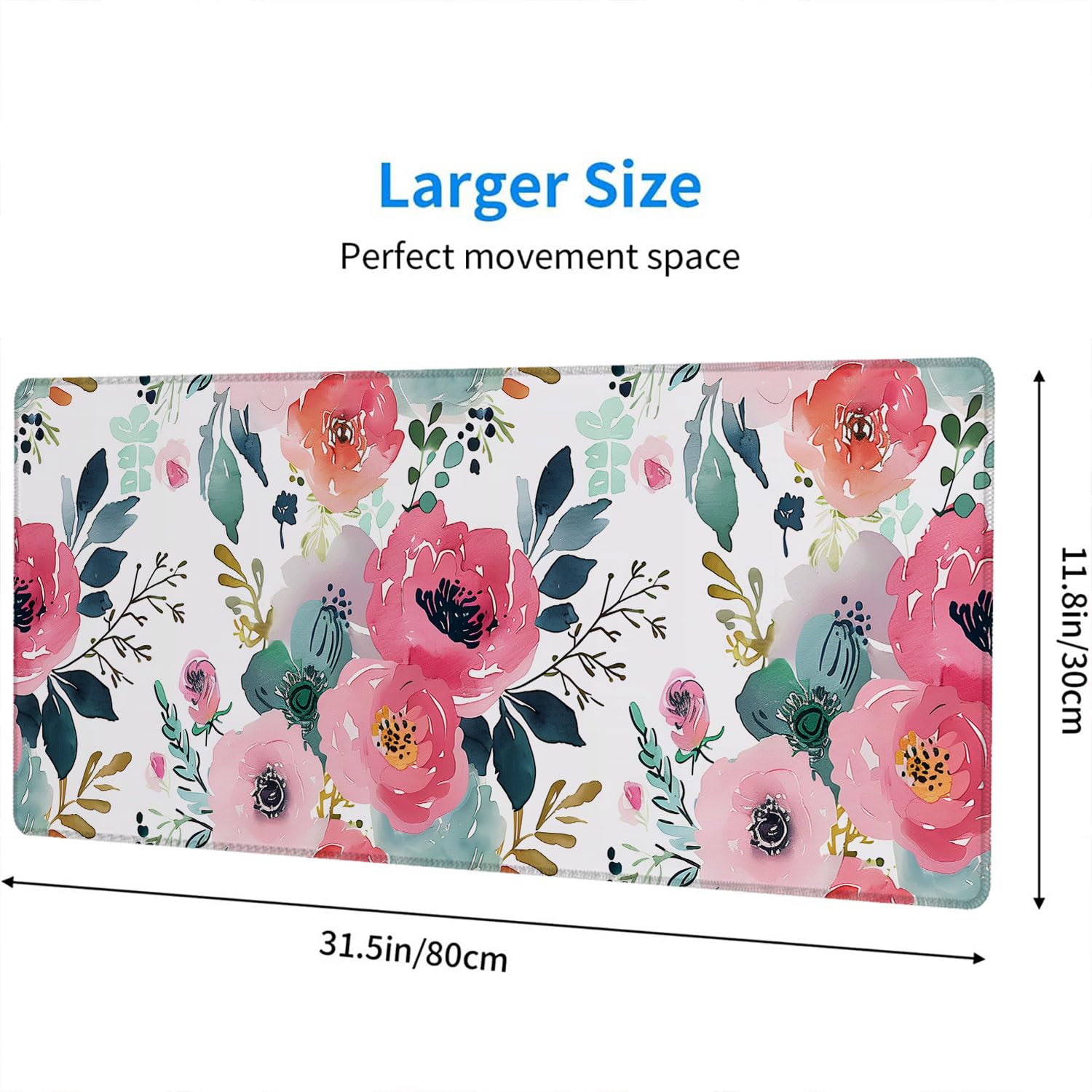 Pink Floral Gaming Mouse Pad Watercolor Flower Plant Large Gaming Mouse Mat with Stitched