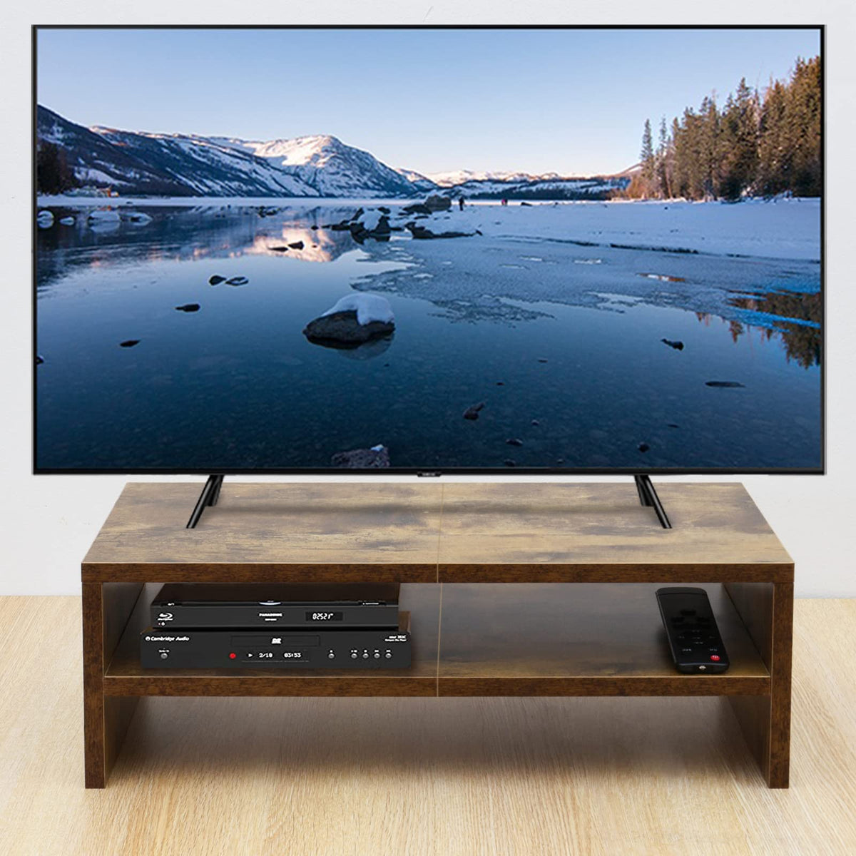 TEAMIX 20 inch Monitor Riser Stand - 2 Tiers, Wood Rustic Desktop Bookshelf