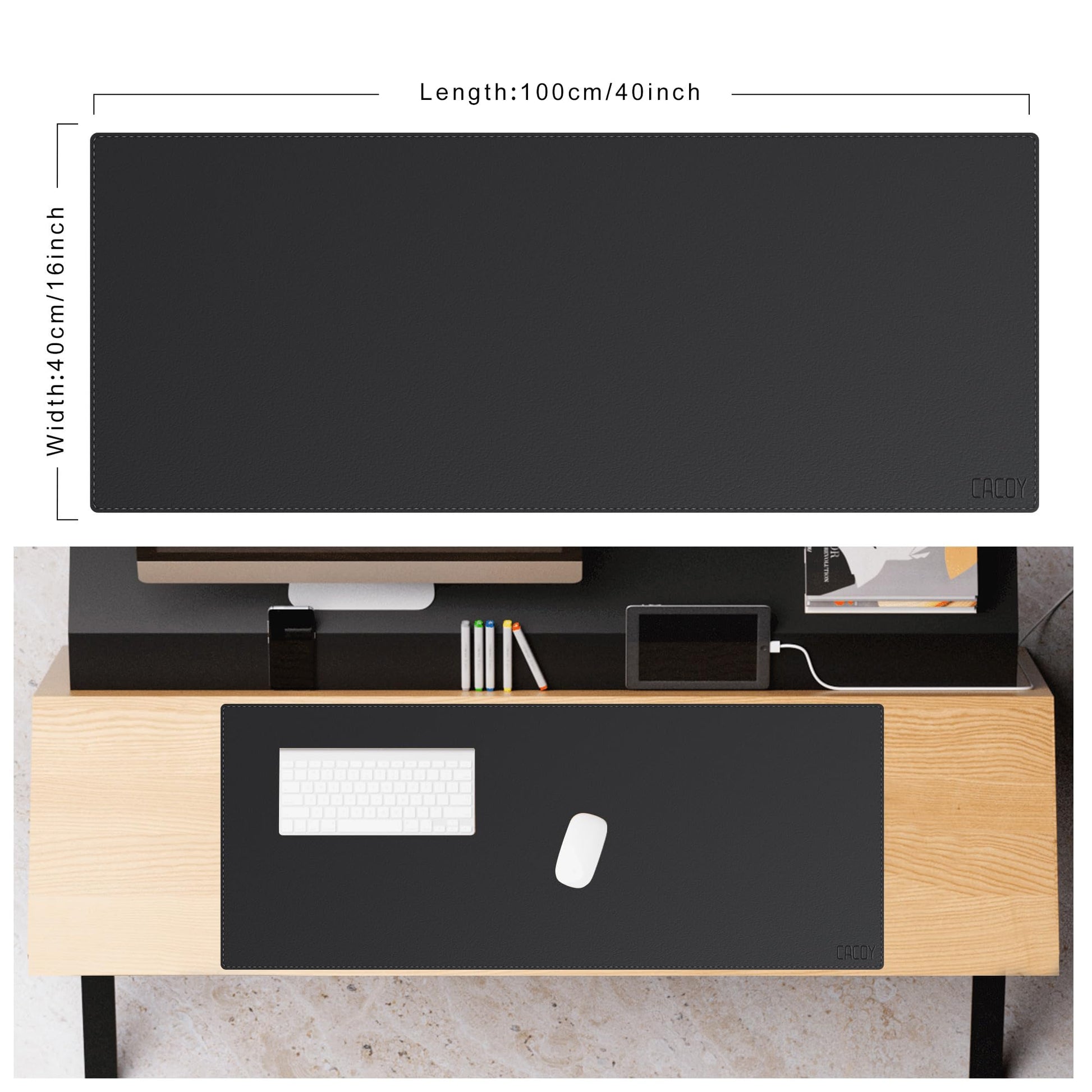 Cacoy 40"x16" Leather Desk Pad Blotter Black, Desk Mat for Keyboard & Mouse