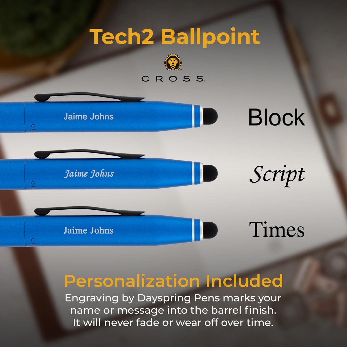 Cross Tech2 Personalized Ballpoint Pen in Metallic Blue with Stylus Tip