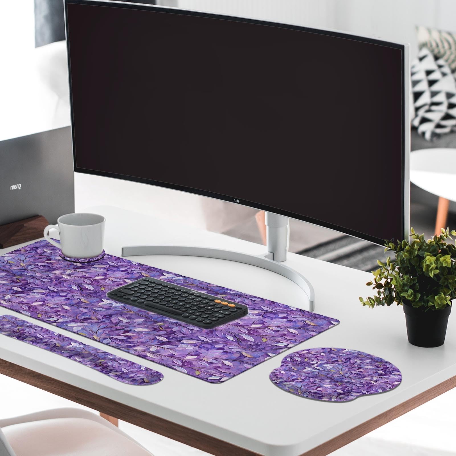 Britimes Keyboard Mouse Pad Set, 4 in 1 Desk Mat Set, Purple Leaves Oil
