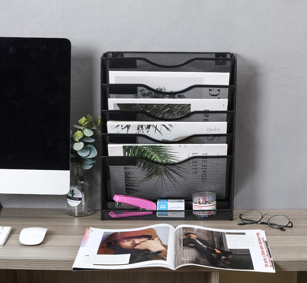 EasyPAG 5 Tier Wall File Holder Mesh Hanging Folder Organizer with Classify Label, Versatile Desk