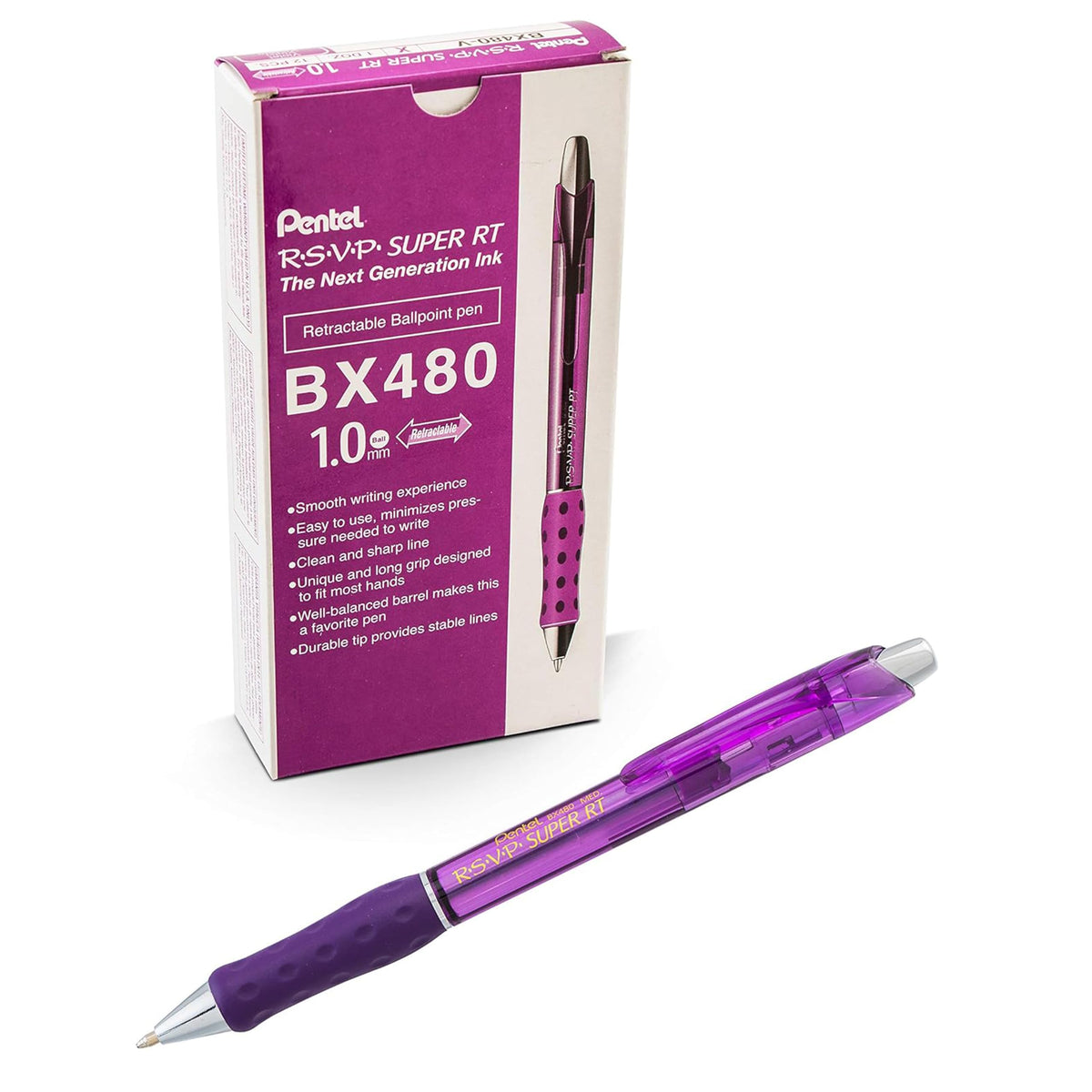 Pentel RSVP Super RT Ballpoint Pen, (1.0mm) Medium Line, Violet Ink, Box of 12 (BX480-V)