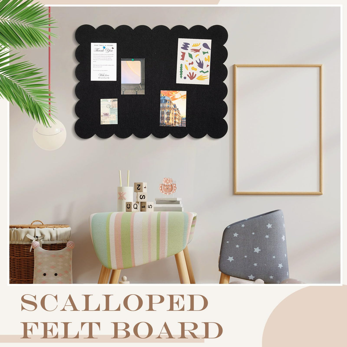 Mooliwe Scalloped Felt Bulletin Cork Board Foldable Black 36 * 24 Inch