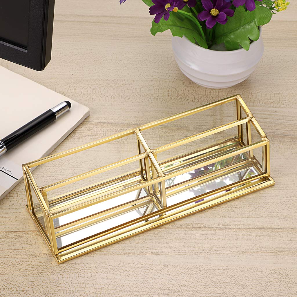 Hipiwe 4 Slots Vintage Business Card Holder Stand, Clear Glass & Gold Metal