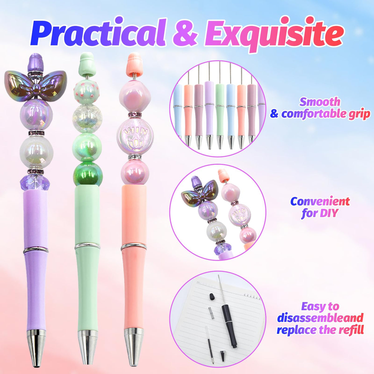 DASTTUIS 150 Pieces DIY Beadable Pen Kit – 50 Plastic Ballpoint Pens with Refills & Bags – School