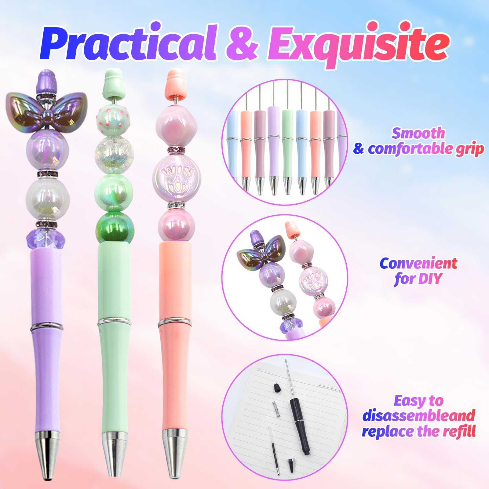 DASTTUIS 300 Pieces DIY Beadable Pen Kit – 100 Plastic Ballpoint Pens with Refills & Bags – School
