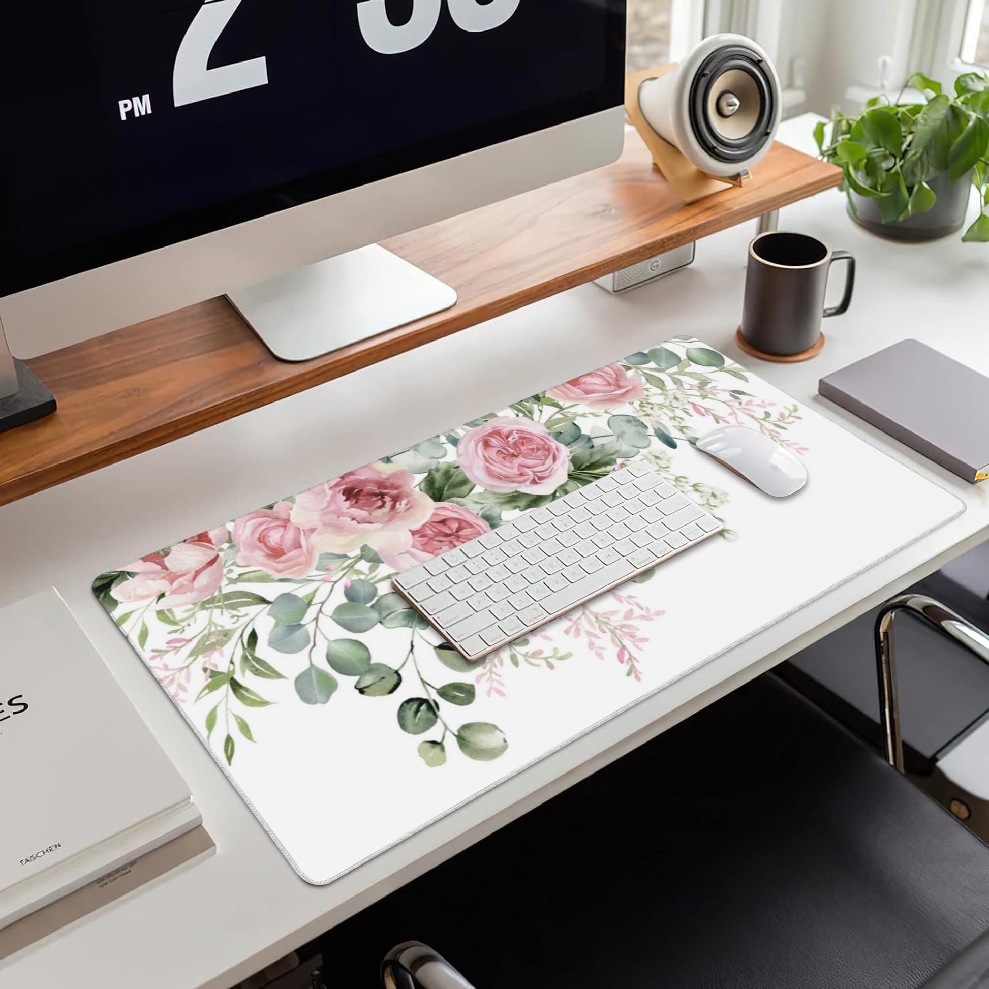 Desk Mat,Peony Flowers and Eucalyptus Leaves Large Gaming Mouse Pad for Desk XXL,Pink Floral Desk