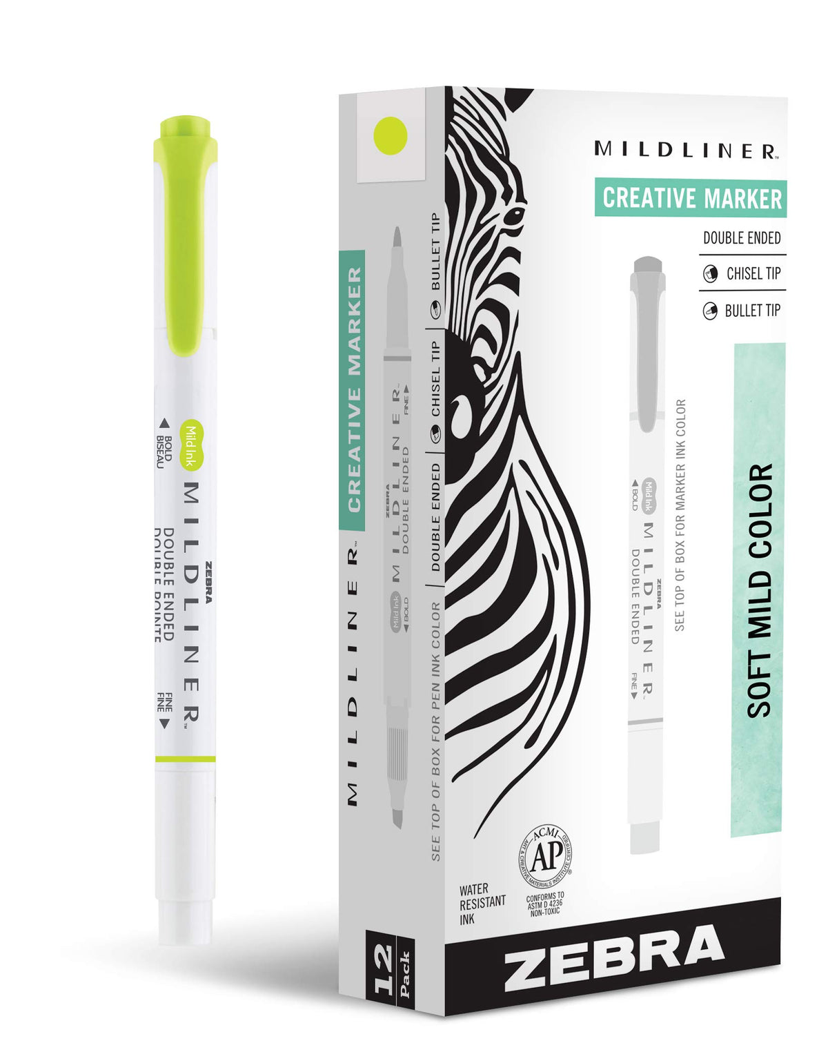Zebra Pen MILDLINER No Bleed Highlighter, Citrus Green, Dual Tip, 12-Pack
