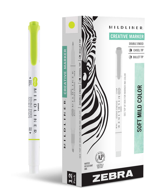 Zebra Pen MILDLINER No Bleed Highlighter, Citrus Green, Dual Tip, 12-Pack
