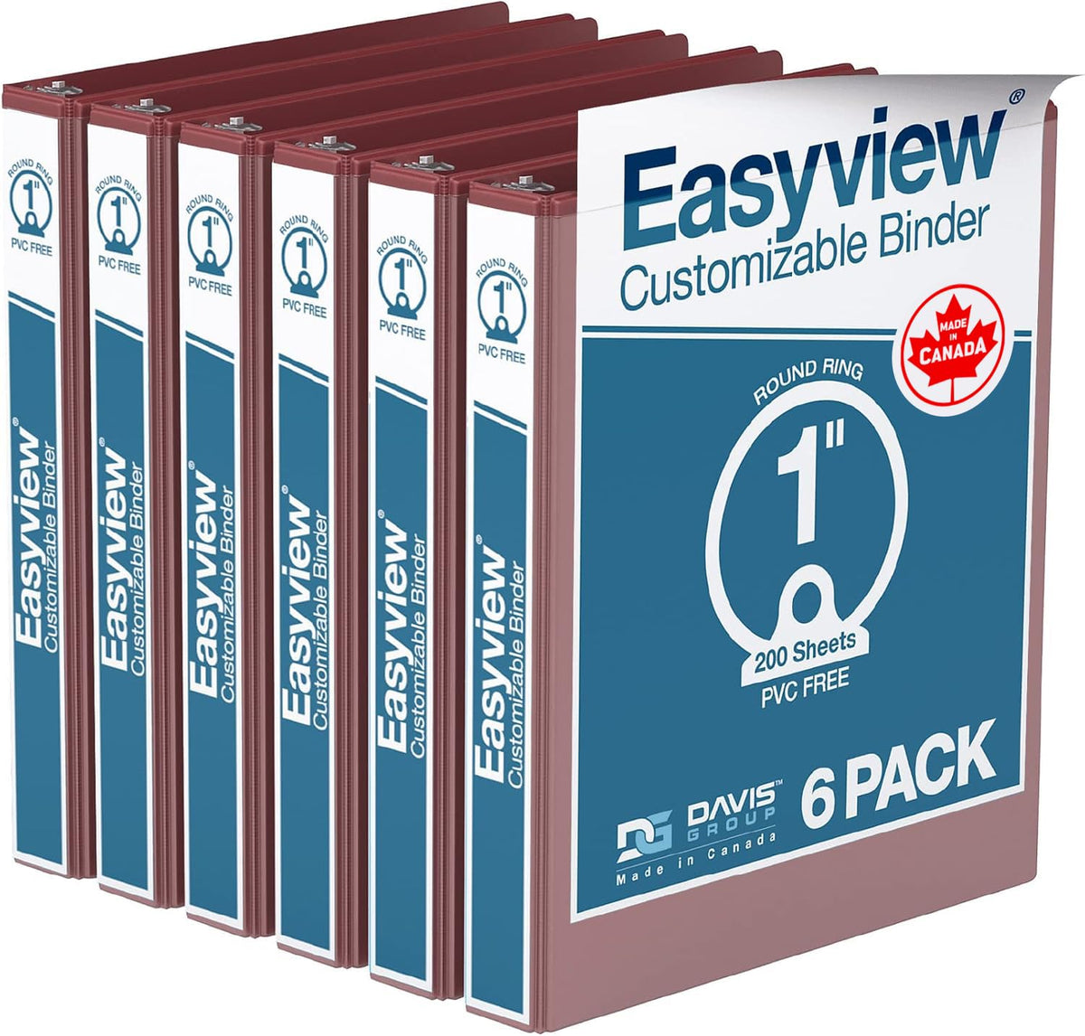 Easyview 3-Ring Binder, Clear-View Cover, 1" Round Rings, Burgundy, 6 Pack