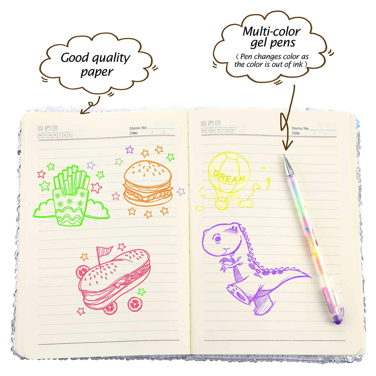 Outus 4 Pcs Sequin Girls Journal Valentines Journal Gift with Color Gel Ink Pens Glitter Notebook