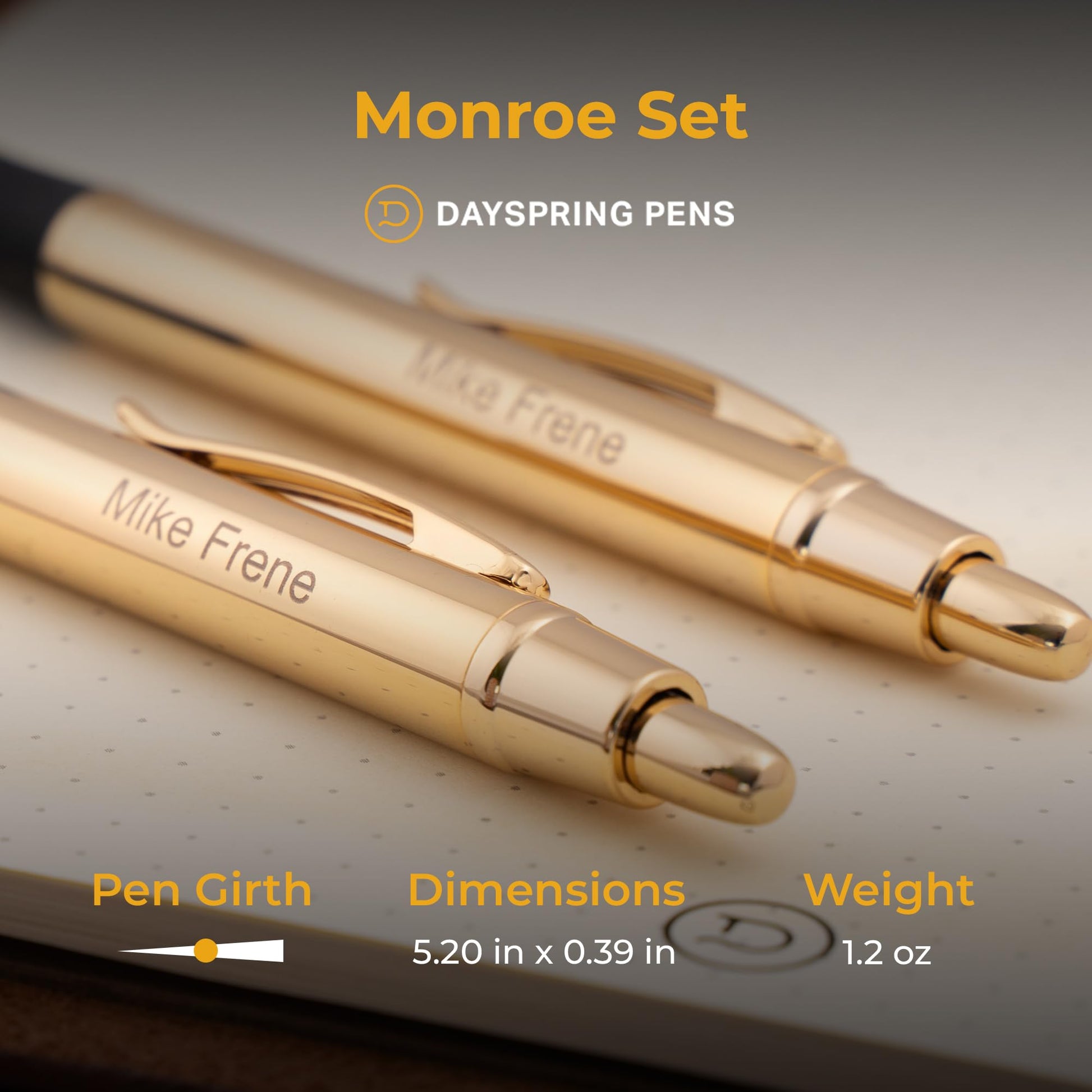 Dayspring Pens Monroe Personalized Ballpoint Pen and Pencil Set in 18K Gold