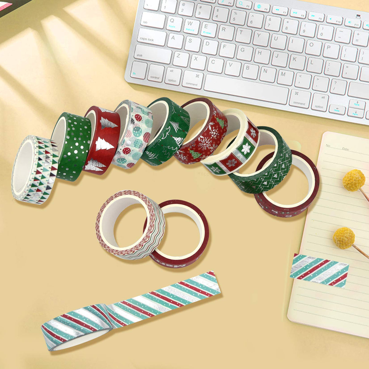Bskifnn 12 Rolls Christmas Washi Tape 0.6" x 16.4ft Silver Foil Merry Christmas Masking Tape Great