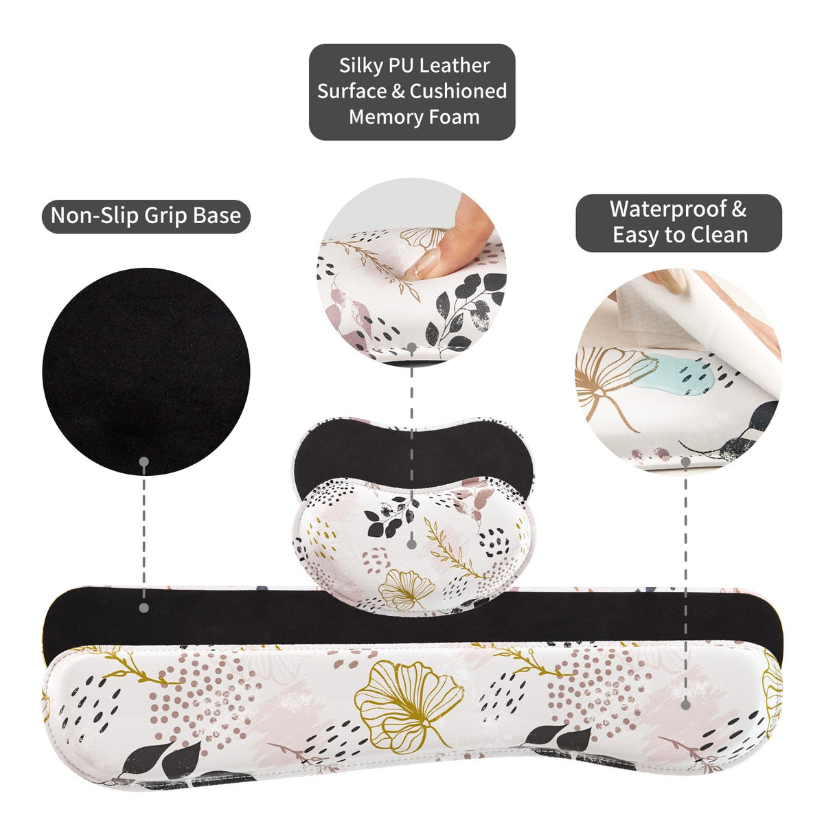 QiyI PU Leather Desk Mat Set, 4-in-1 Ergonomic Wrist Rest, Botanical Leaf