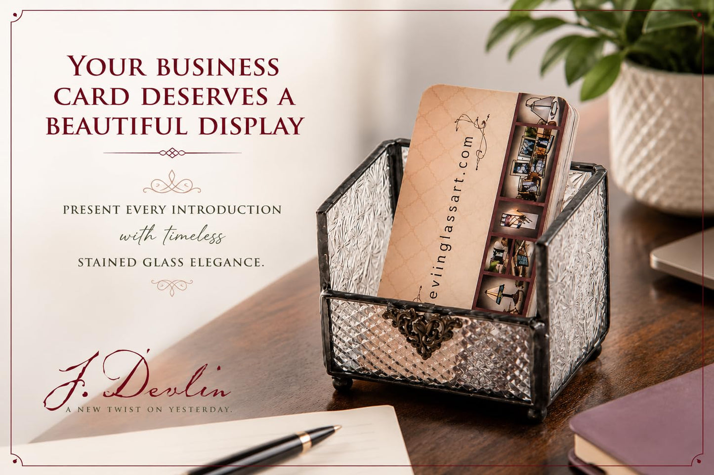 J Devlin Glass Business Card Holder, Decorative Desk Organizer for Office