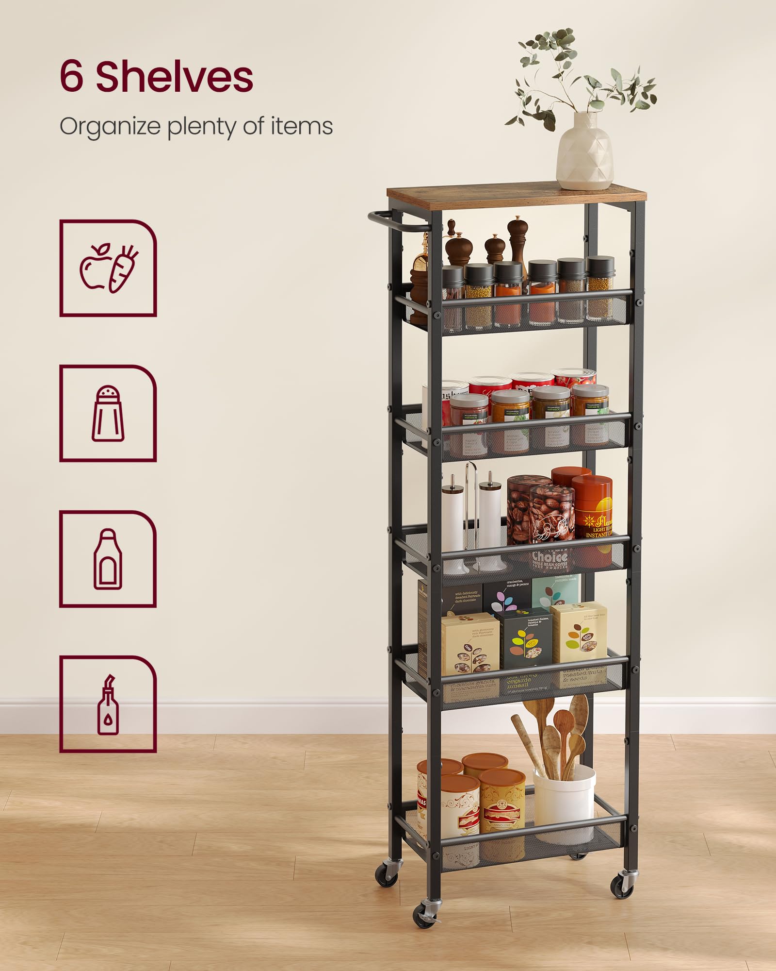 VASAGLE 6-Tier Slim Rolling Storage cart with Wheels, Metal