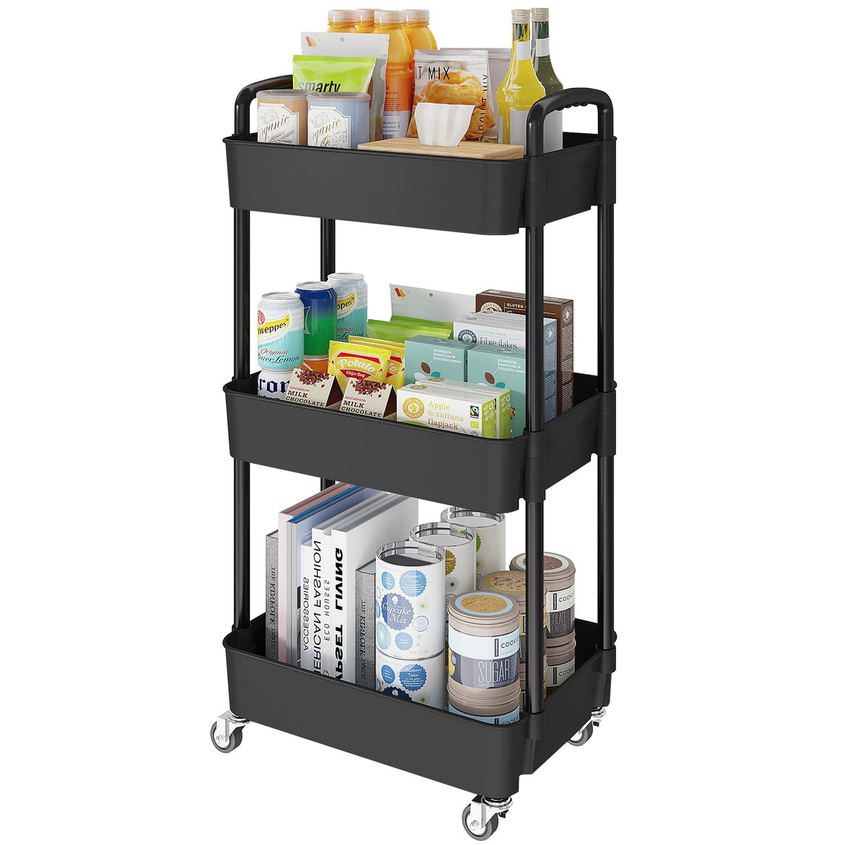 3 Tier Rolling Cart with Wheels, Utility Storage Carts,Black
