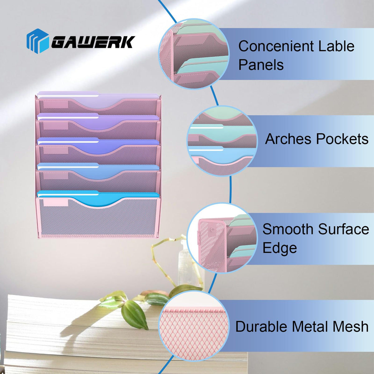 Gawerk 5 Tier Hanging Wall File Organizer, Mesh Mail Paper Orgnization Hanging File Folder Holder
