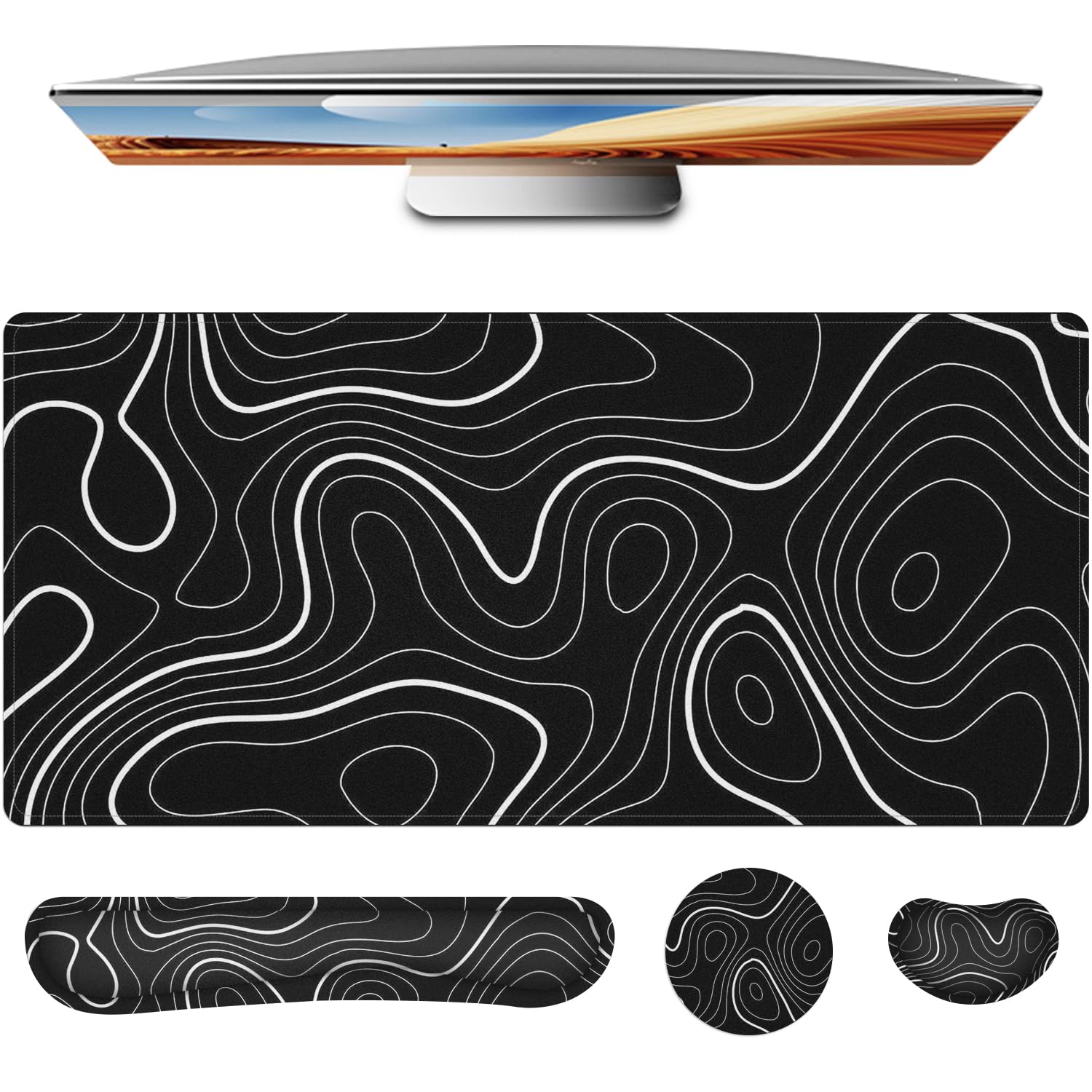 4 in 1 Large Mouse Pad,Keyboard Wrist Rest Set,Desk Mat with Stitched Edges Thicken Desk Pad,Wrist