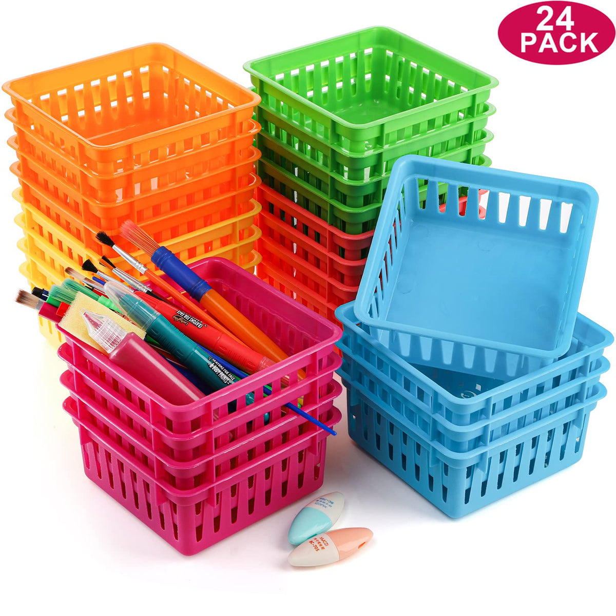 DEAYOU 24 Pack Classroom Storage Baskets, Small Plastic Organizer Basket, Colorful Square Mini