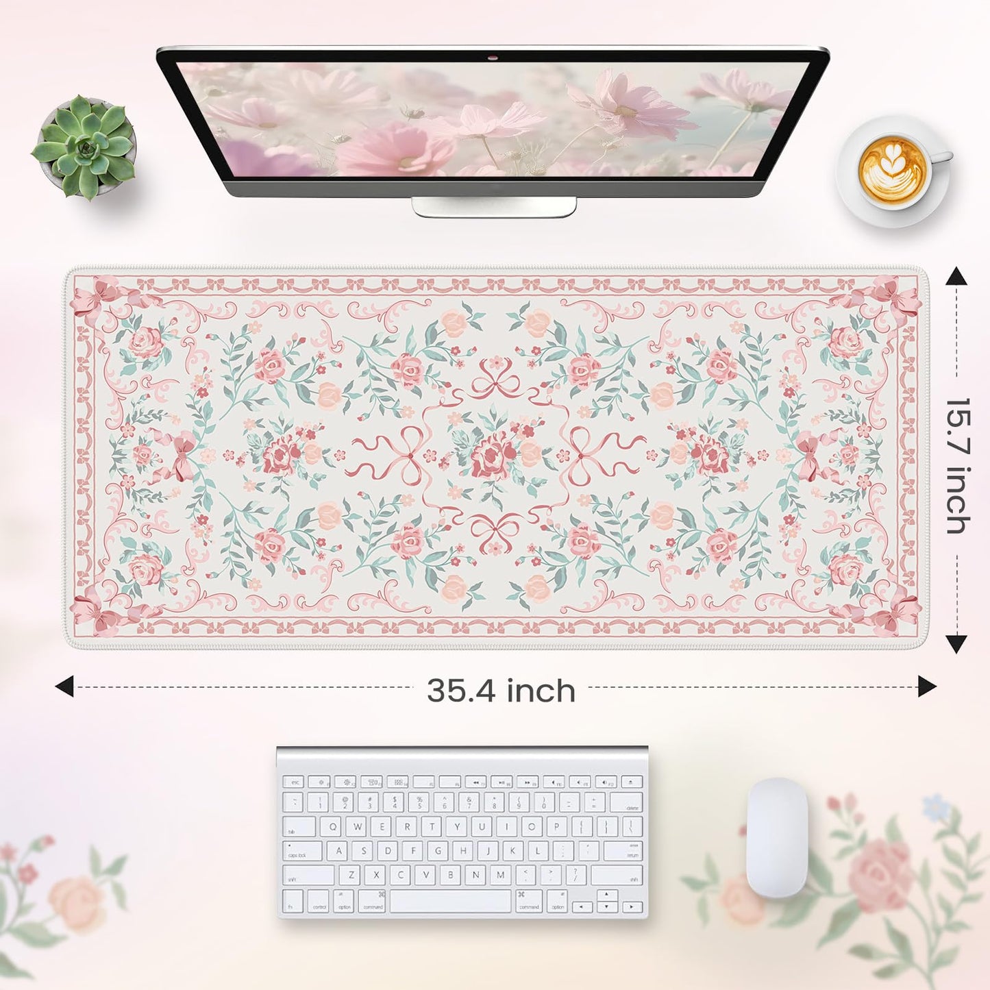 HAOCOO Pink Bow Laptop Mat, 35.4" x 15.7" Deskmat for Office Cubicle Desk
