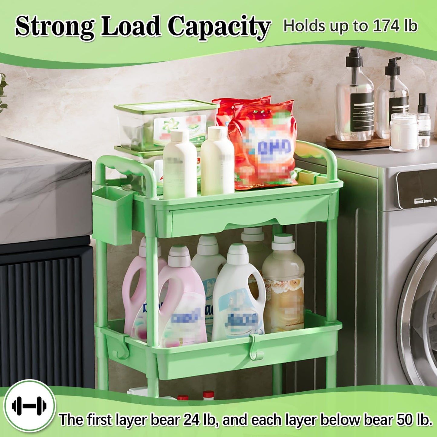SUNALLY 3 Tier Rolling Cart with Drawer, Craft Storage Cart Organizer,Green
