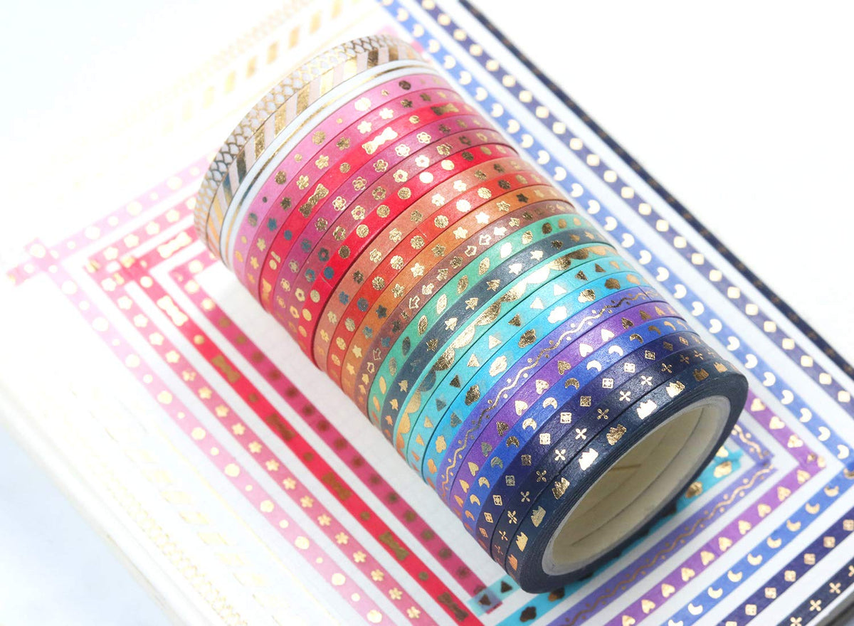YUBBAEX 24 Rolls Skinny Washi Tape Set Gold Foil Print Decorative Tapes for Arts, DIY Crafts