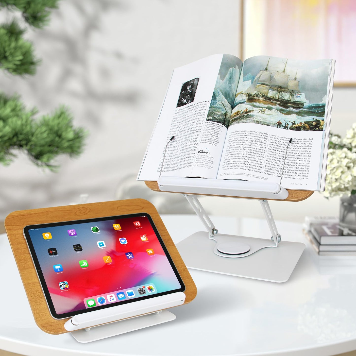 trophable Book Stand for Reading Cookbook Stand Book Holder with 360 Rotating Base Page Clips Book