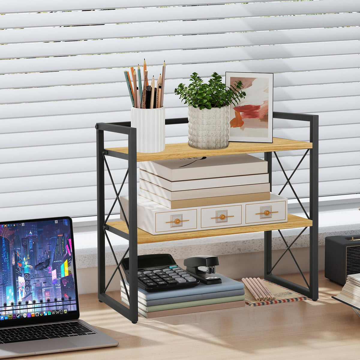 YINMIT Desktop Shelf Organizer, 2 Tier Office Shelves, Wood Desk Organizer Storage Rack and