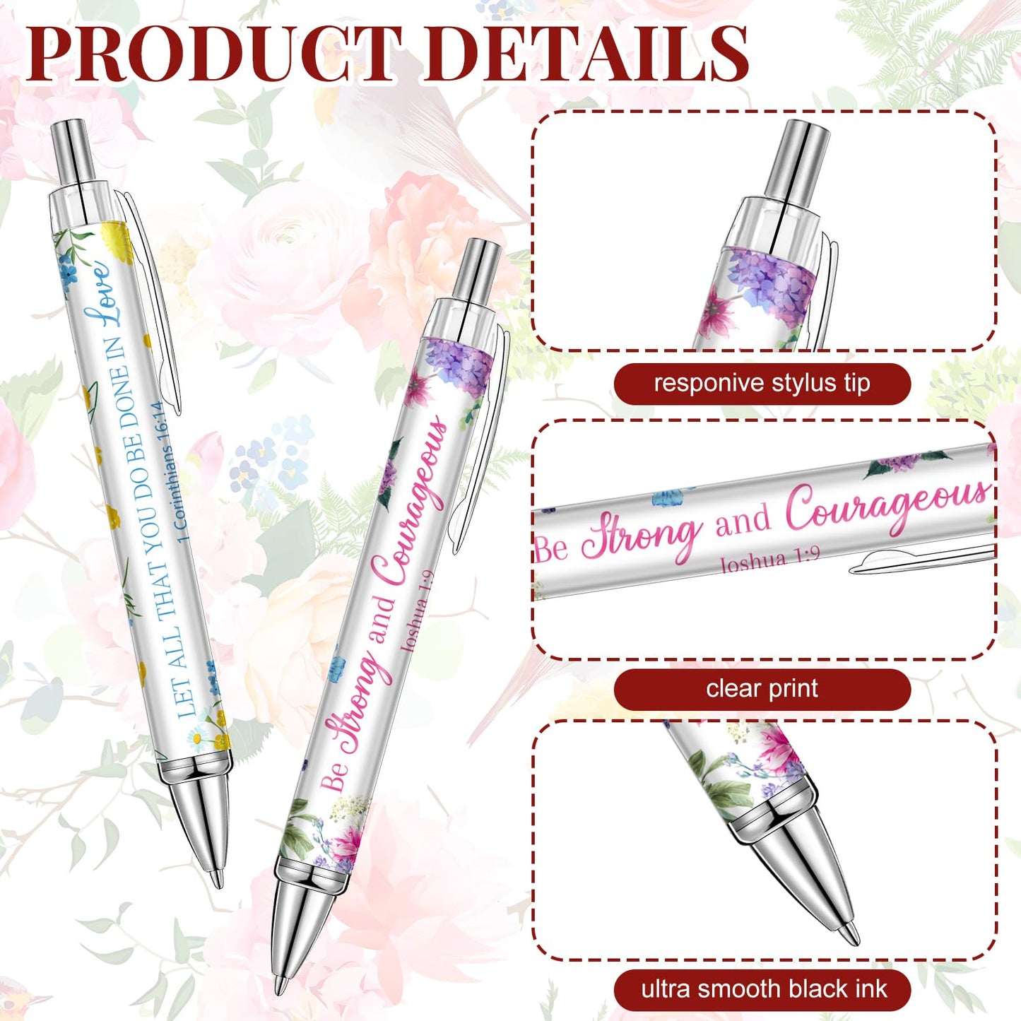 Qeeenar 50 Pcs Bible Verse Pens Christian Gift,Luxuriant Flowers