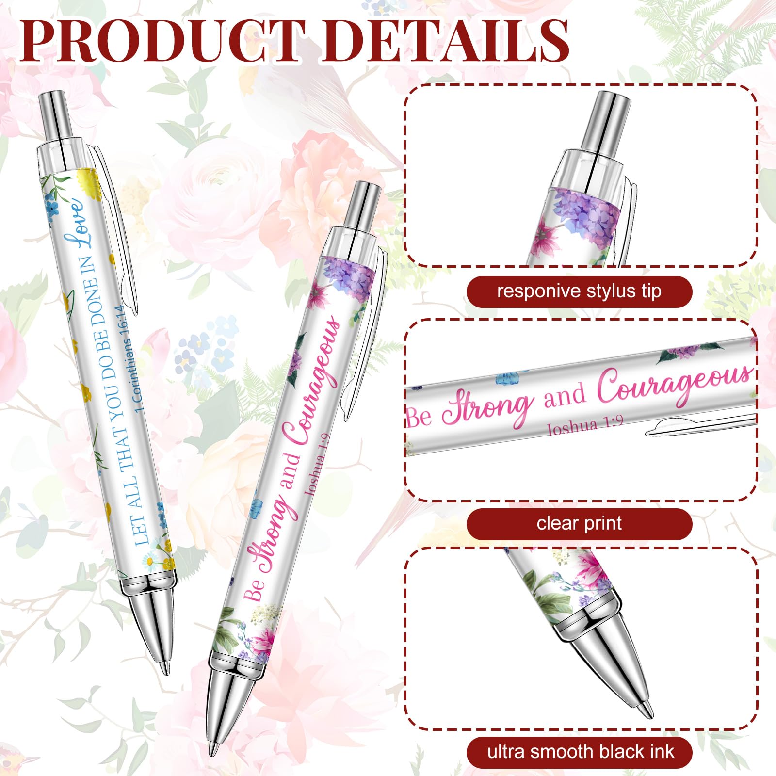 Qeeenar 50 Pcs Bible Verse Pens Christian Gift,Luxuriant Flowers