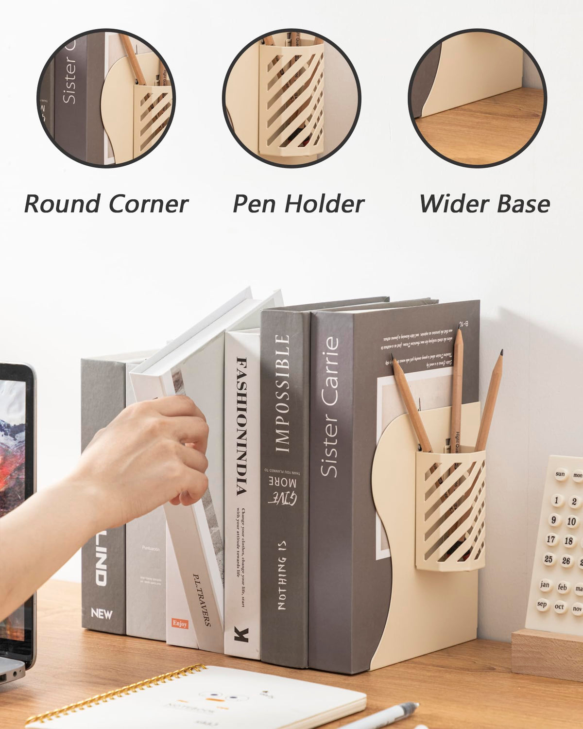 Kingsmile Book Ends, Adjustable Heavy Duty Metal Book Stoppers with Pen Holder for Desk Office