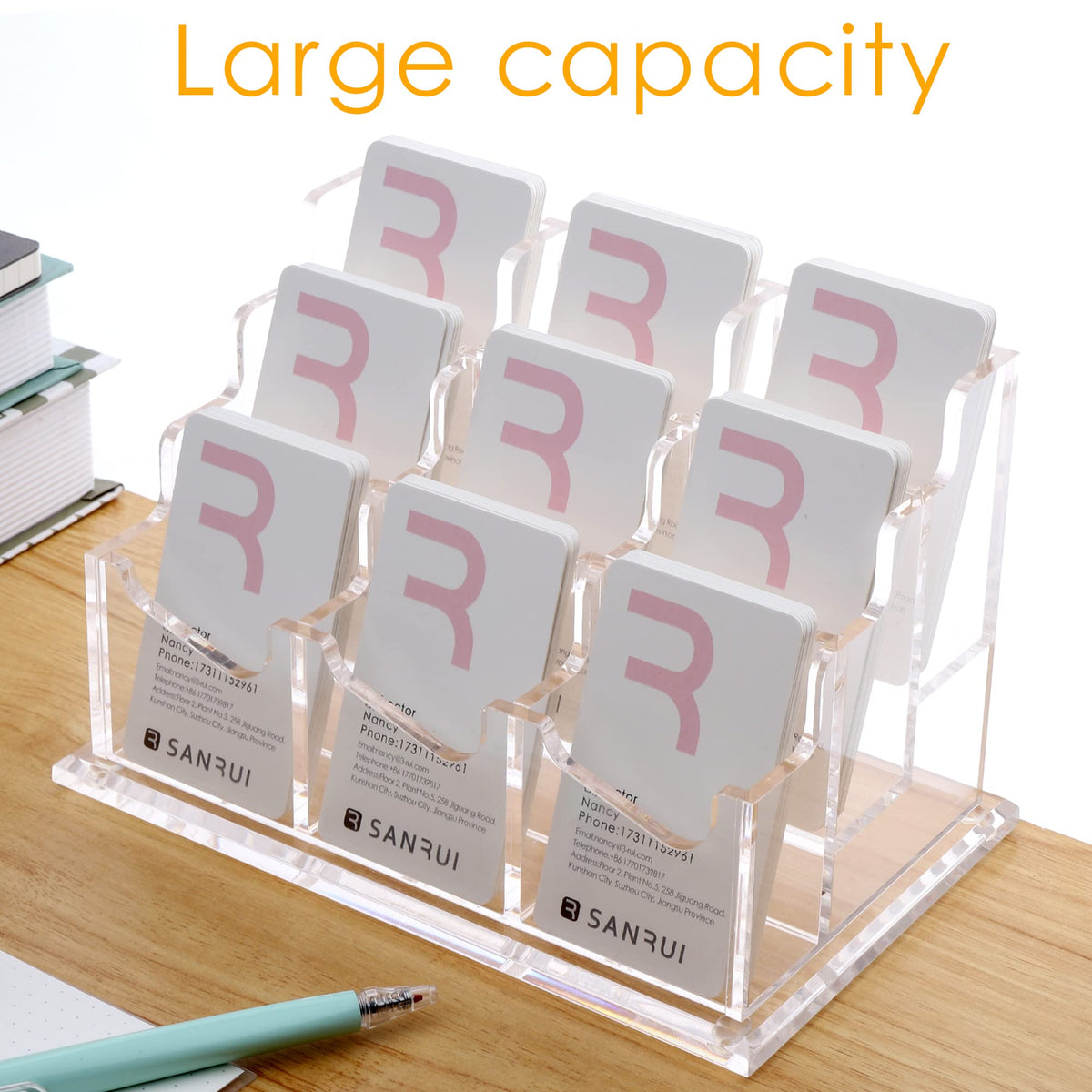 SANRUI Vertical Business Card Holder for Desk，Clear Acrylic Business Card Display Stand，9 Slots 3