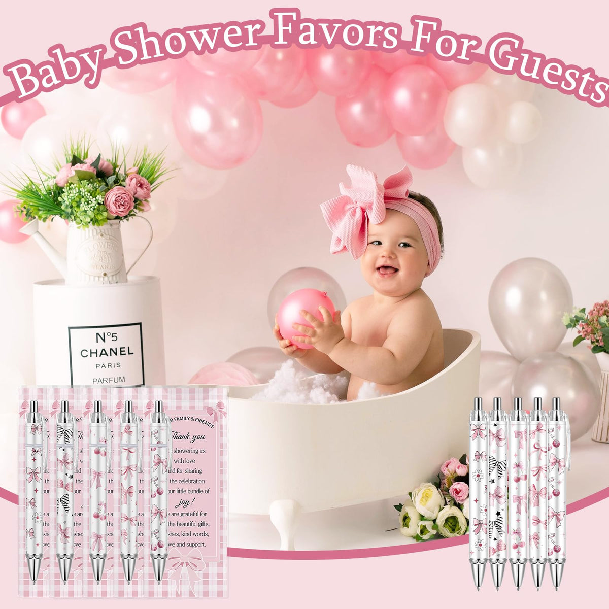 Lebsitey 50 Sets Pink Bow Baby Shower Favors for Guests Coquette Bow Pens