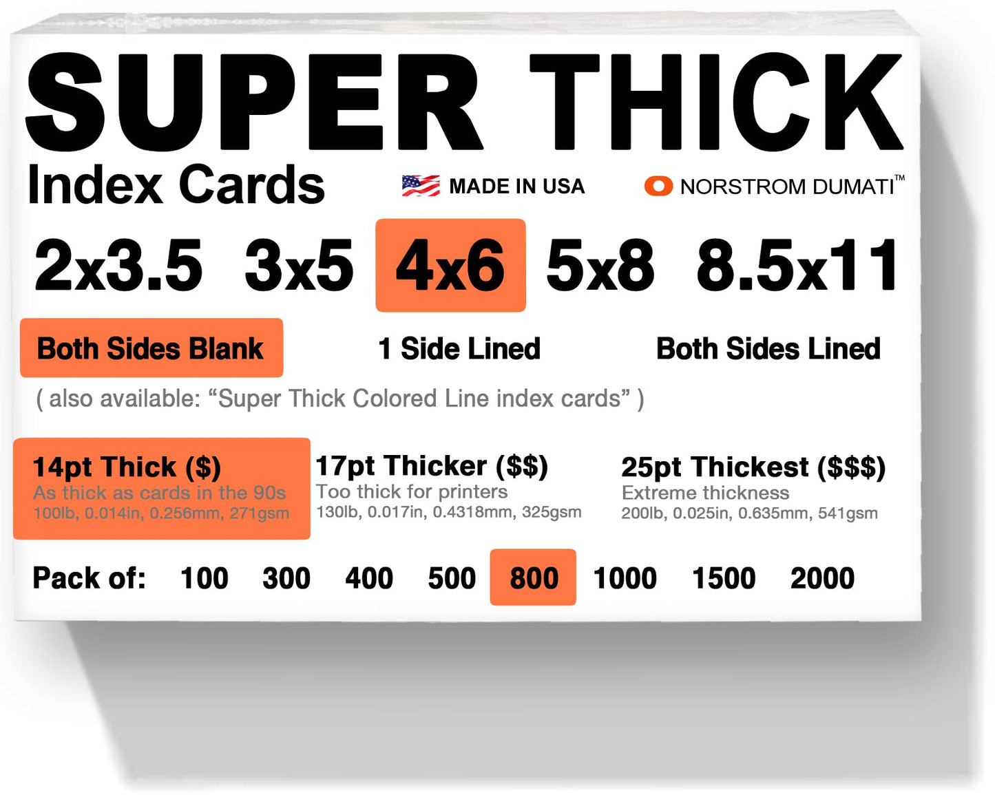 800 SUPER THICK index cards/ 4"x6" / 14pt (0.014") 100lb / blank un-ruled/archival acid-free in bulk
