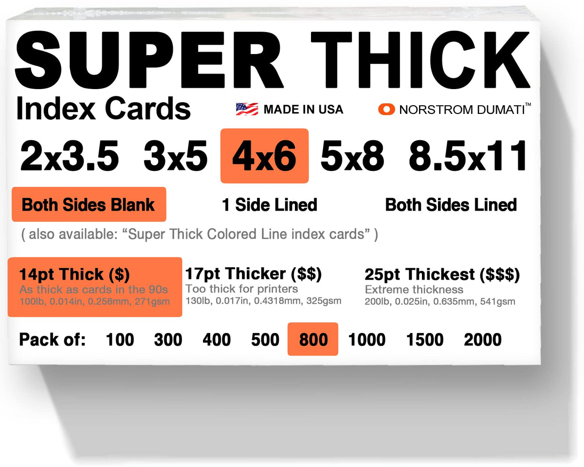 800 SUPER THICK index cards/ 4"x6" / 14pt (0.014") 100lb / blank un-ruled/archival acid-free in bulk