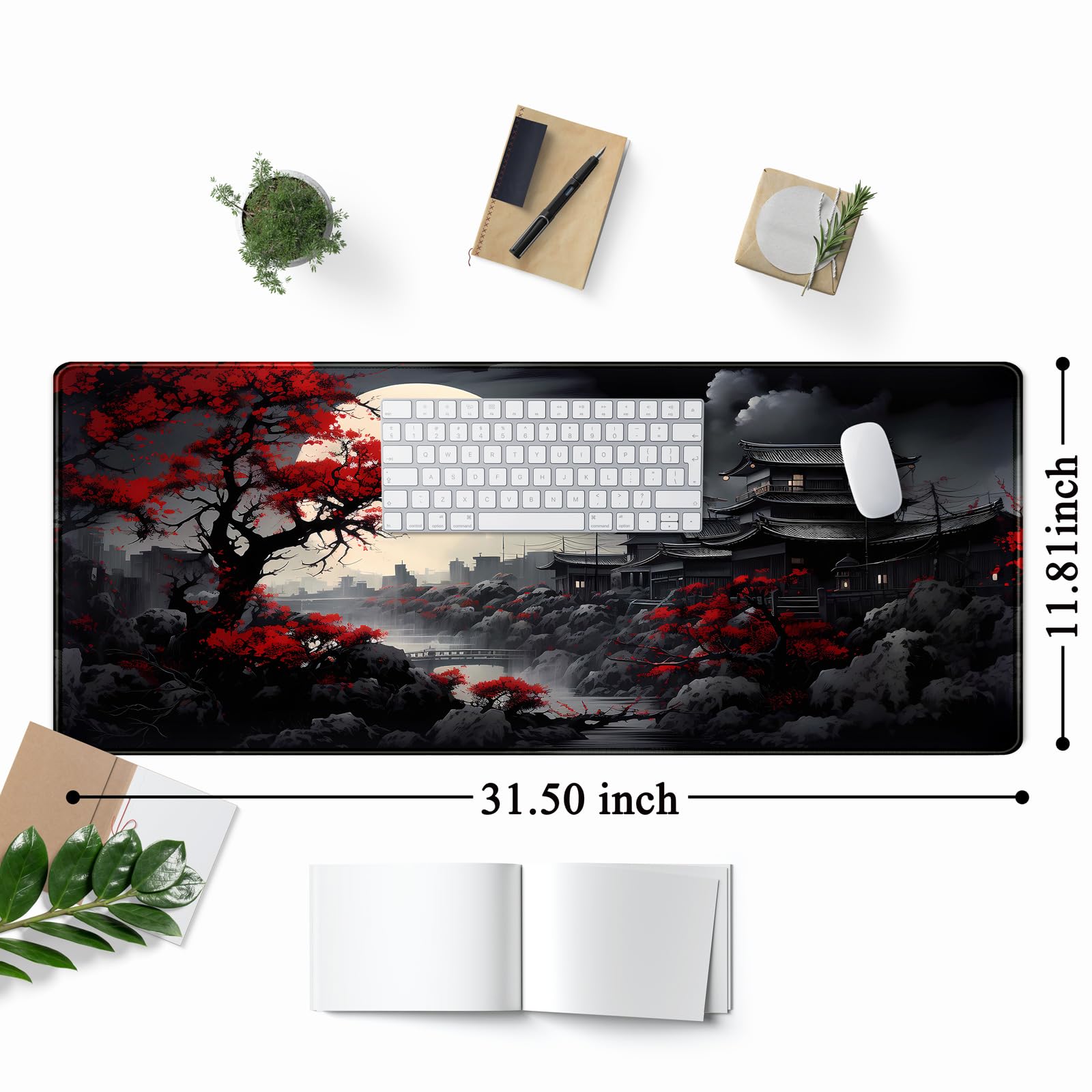 Riverside Full Moon Desk Mat Japanese Desk Pad Black Red Large Mouse Pad Gaming Mousepad Extended