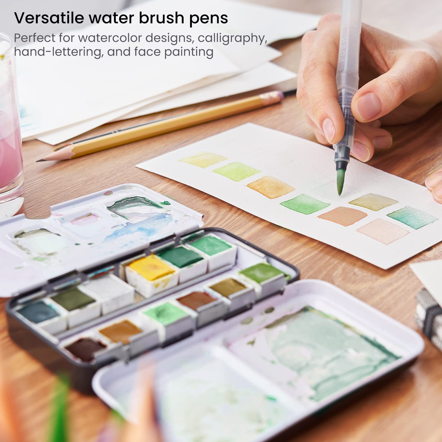ARTEZA Water Brush Pens for Watercolor, Set of 6, Round and Flat Nylon Tips